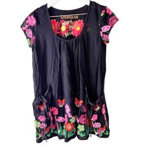 Desigual Embroidered Black Dress Pockets Small - image 1